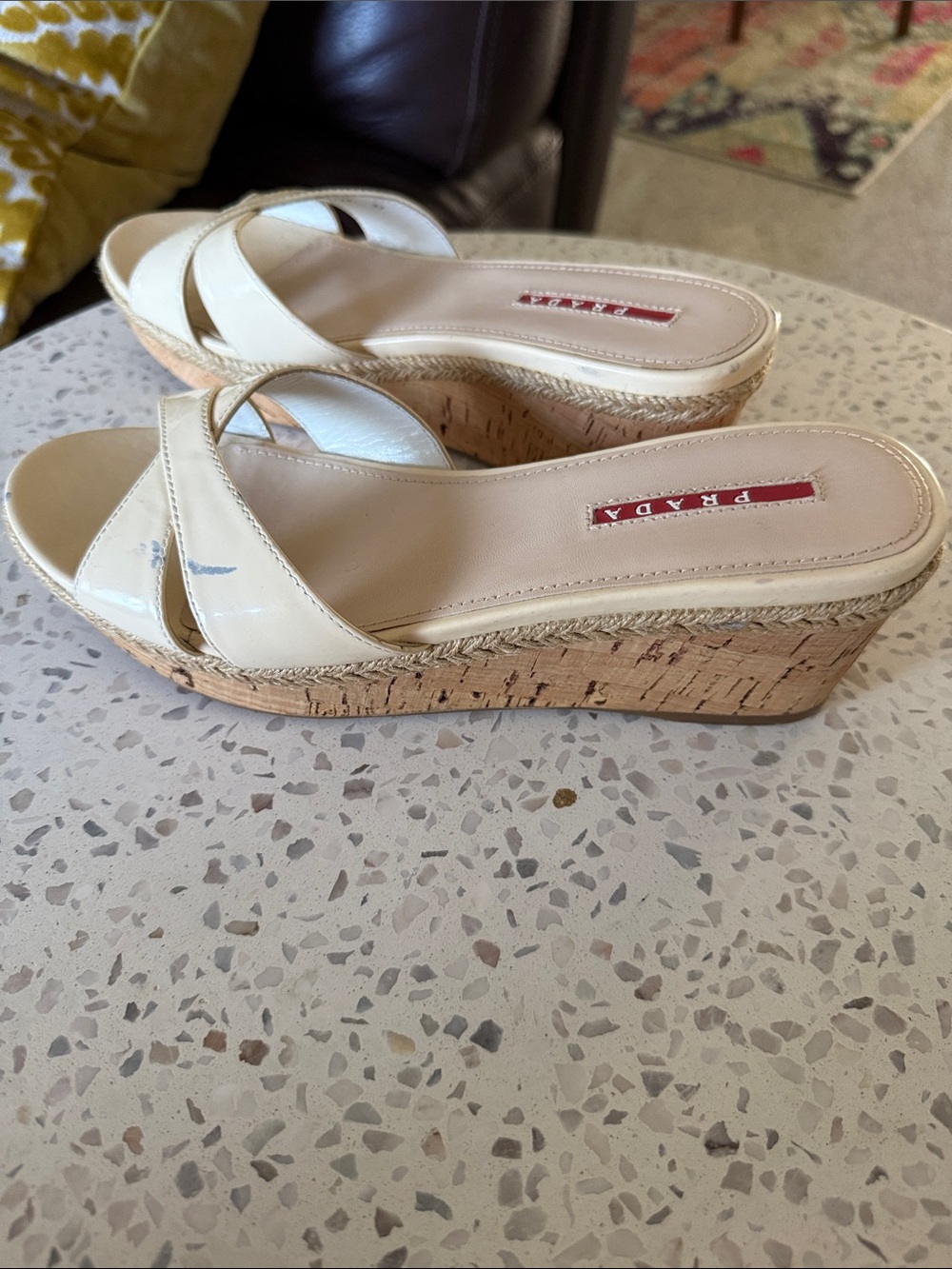 Prada Vernice Bianco patent leather cork sandals